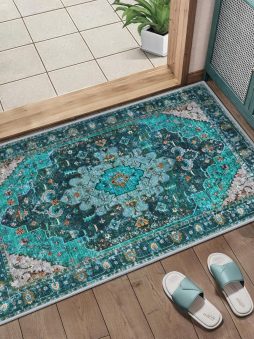 Ciicool Washable Area Rug 2x3ft Small Boho Rug, Teal Rugs for Entryway Non-Slip Entry Rugs Low-Pile Door Mat Floor Accent Carpet for Entrance Bedroom Kitchen Bathroom Foyer Decor
