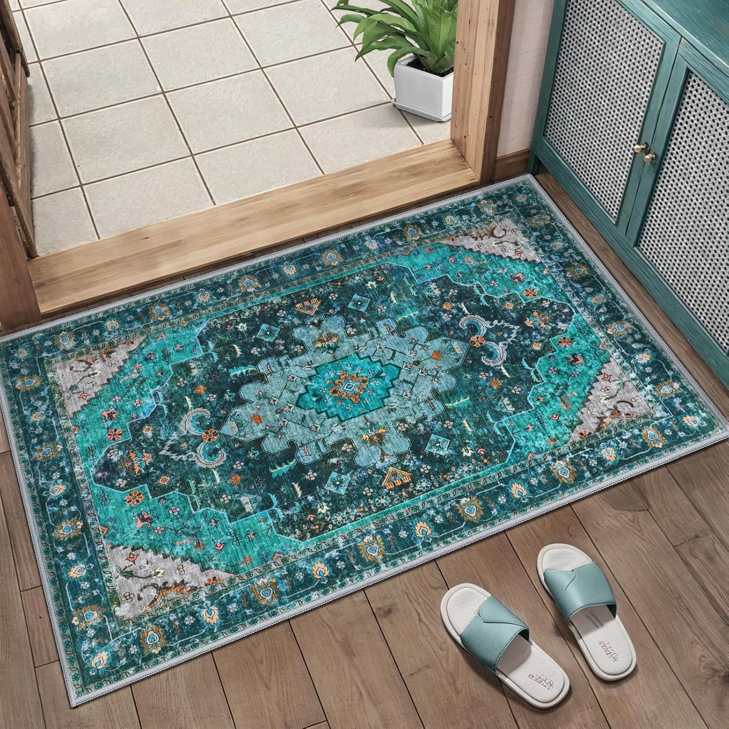 Ciicool Washable Area Rug 2x3ft Small Boho Rug, Teal Rugs for Entryway Non-Slip Entry Rugs Low-Pile Door Mat Floor Accent Carpet for Entrance Bedroom Kitchen Bathroom Foyer Decor