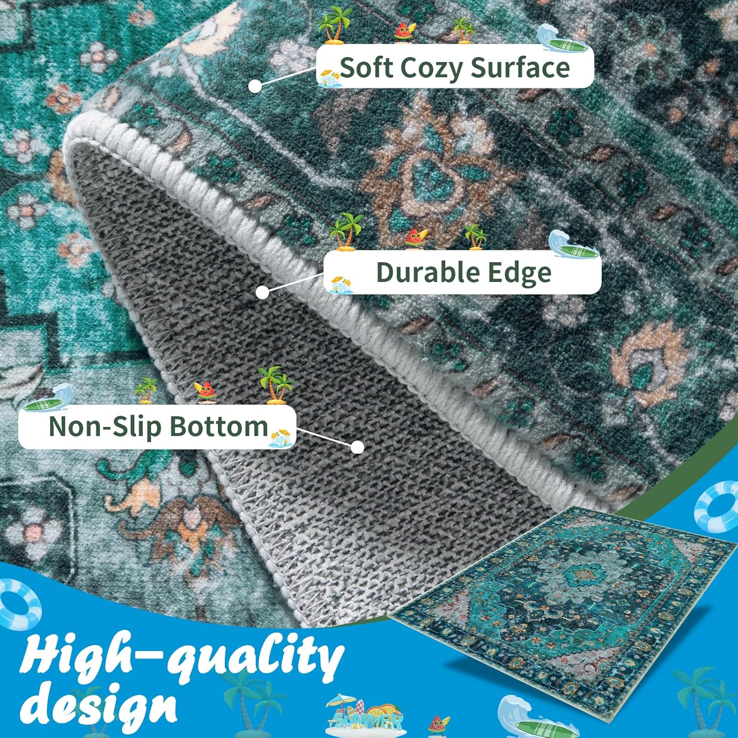 Ciicool Washable Area Rug 2x3ft Small Boho Rug, Teal Rugs for Entryway Non-Slip Entry Rugs Low-Pile Door Mat Floor Accent Carpet for Entrance Bedroom Kitchen Bathroom Foyer Decor - Image 3