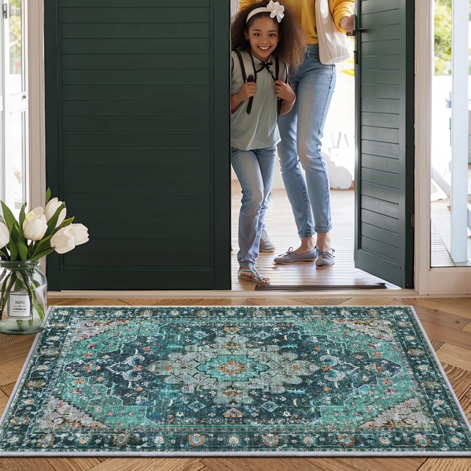 Ciicool Washable Area Rug 2x3ft Small Boho Rug, Teal Rugs for Entryway Non-Slip Entry Rugs Low-Pile Door Mat Floor Accent Carpet for Entrance Bedroom Kitchen Bathroom Foyer Decor - Image 7