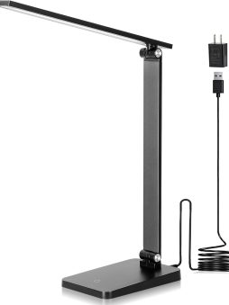 LED Desk Lamp for Home Office, 3 Levels Dimmable Desk Light with USB Charging Port, Small Study Lamp, Reading Light for Table, Black, 5000K
