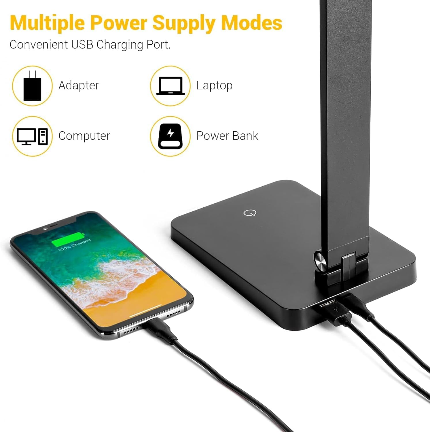 LED Desk Lamp for Home Office, 3 Levels Dimmable Desk Light with USB Charging Port, Small Study Lamp, Reading Light for Table, Black, 5000K - Image 2
