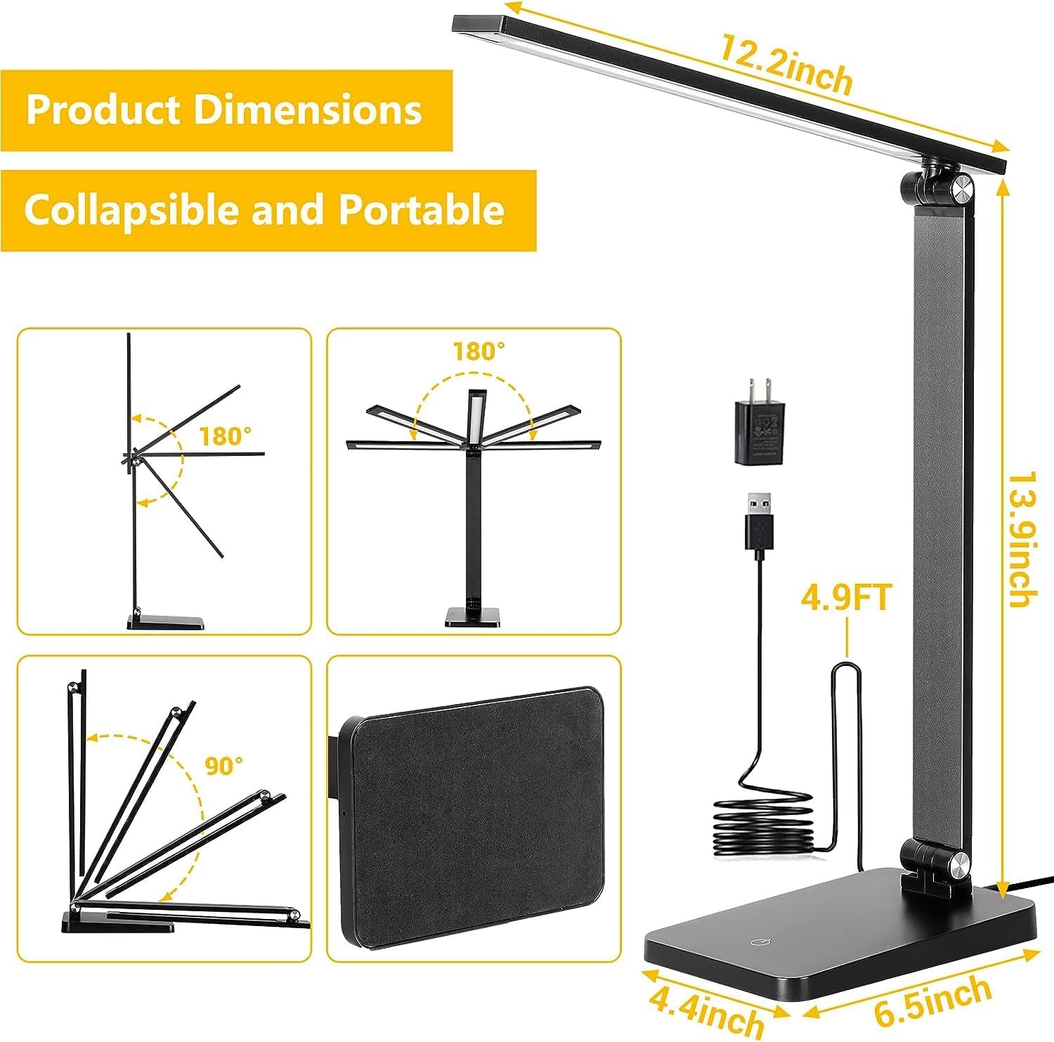 LED Desk Lamp for Home Office, 3 Levels Dimmable Desk Light with USB Charging Port, Small Study Lamp, Reading Light for Table, Black, 5000K - Image 4