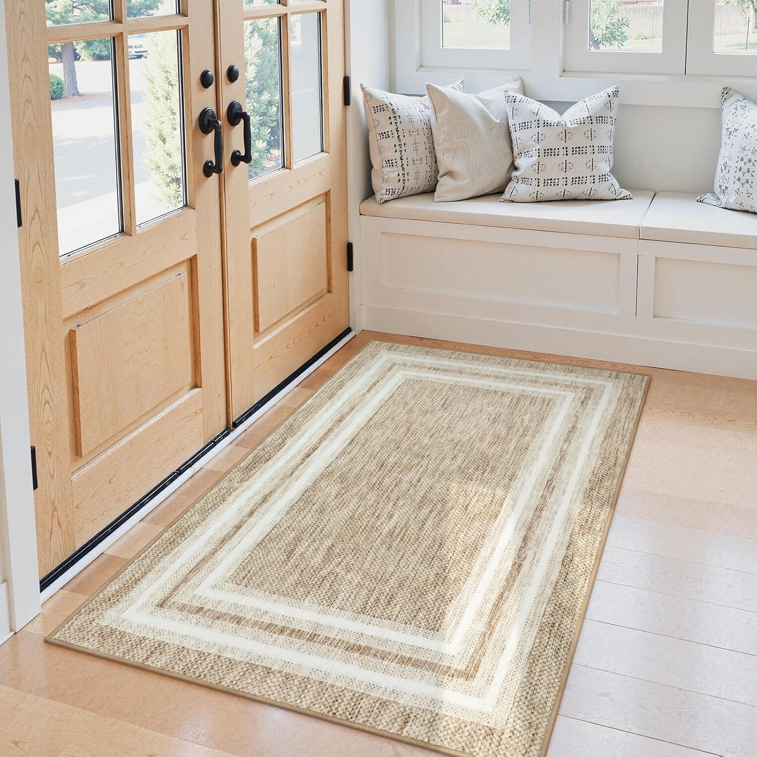 OJIA Modern Bordered Washable Rug 3'x5', Printed Non Slip Rug for Living Room Soft Bedroom Entry Mat Non-Shedding Accent Carpet Indoor Door Mat Small Carpet for Entryway Kitchen Bathroom Office - Image 8