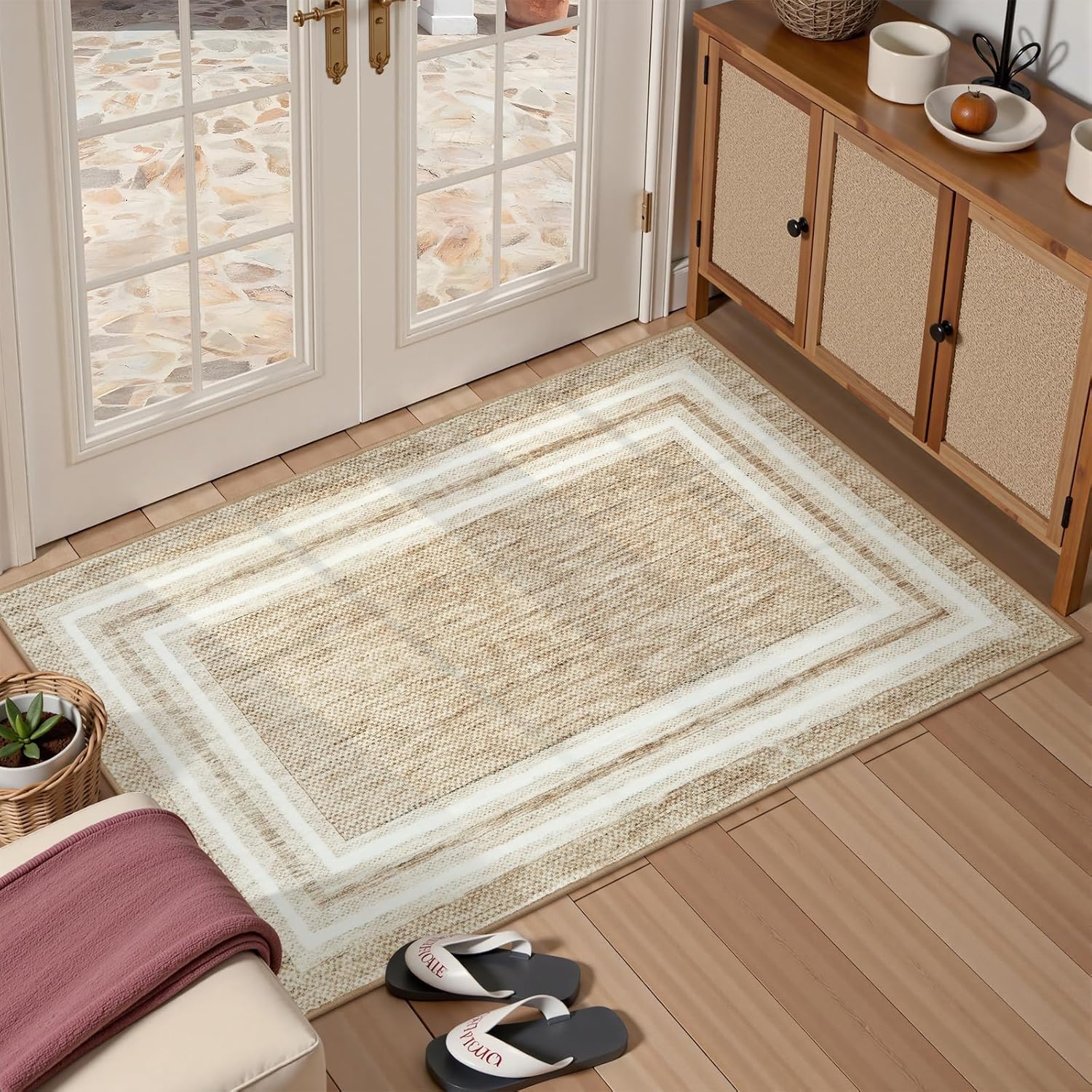 OJIA Modern Bordered Washable Rug 3'x5', Printed Non Slip Rug for Living Room Soft Bedroom Entry Mat Non-Shedding Accent Carpet Indoor Door Mat Small Carpet for Entryway Kitchen Bathroom Office - Image 9