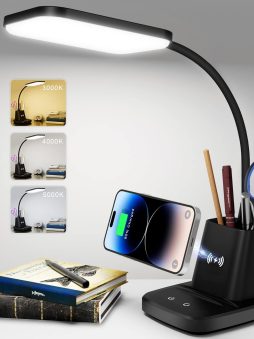 Sailstar Desk Lamp, LED Desk Lamps for Home Office, Wireless Charger Small Desk Lamp with Pen Holder, 3 Color Modes, Dimmable, CRI 85, 800LM, Study Lamps for College Dorm Room, Adapter Included, Black
