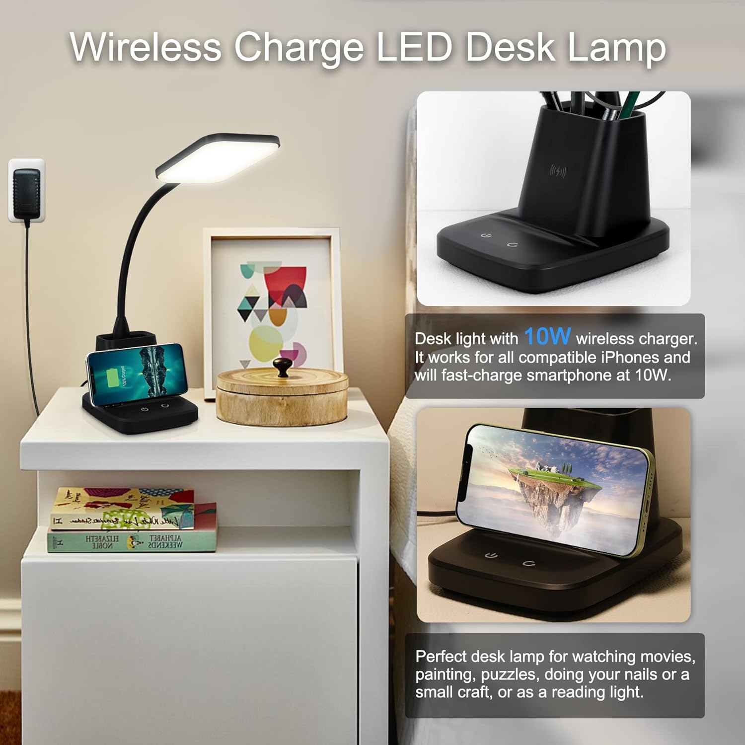 Sailstar Desk Lamp, LED Desk Lamps for Home Office, Wireless Charger Small Desk Lamp with Pen Holder, 3 Color Modes, Dimmable, CRI 85, 800LM, Study Lamps for College Dorm Room, Adapter Included, Black - Image 2