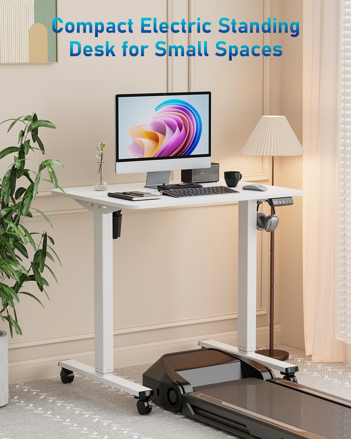 Small Height Adjustable Electric Standing Desk, 31.5" x 23.6" Sit Stand up Desk with Splice Board, Ergonomic Rising Computer Home Office Desk Table with Memory Preset, White Frame/White Top - Image 3