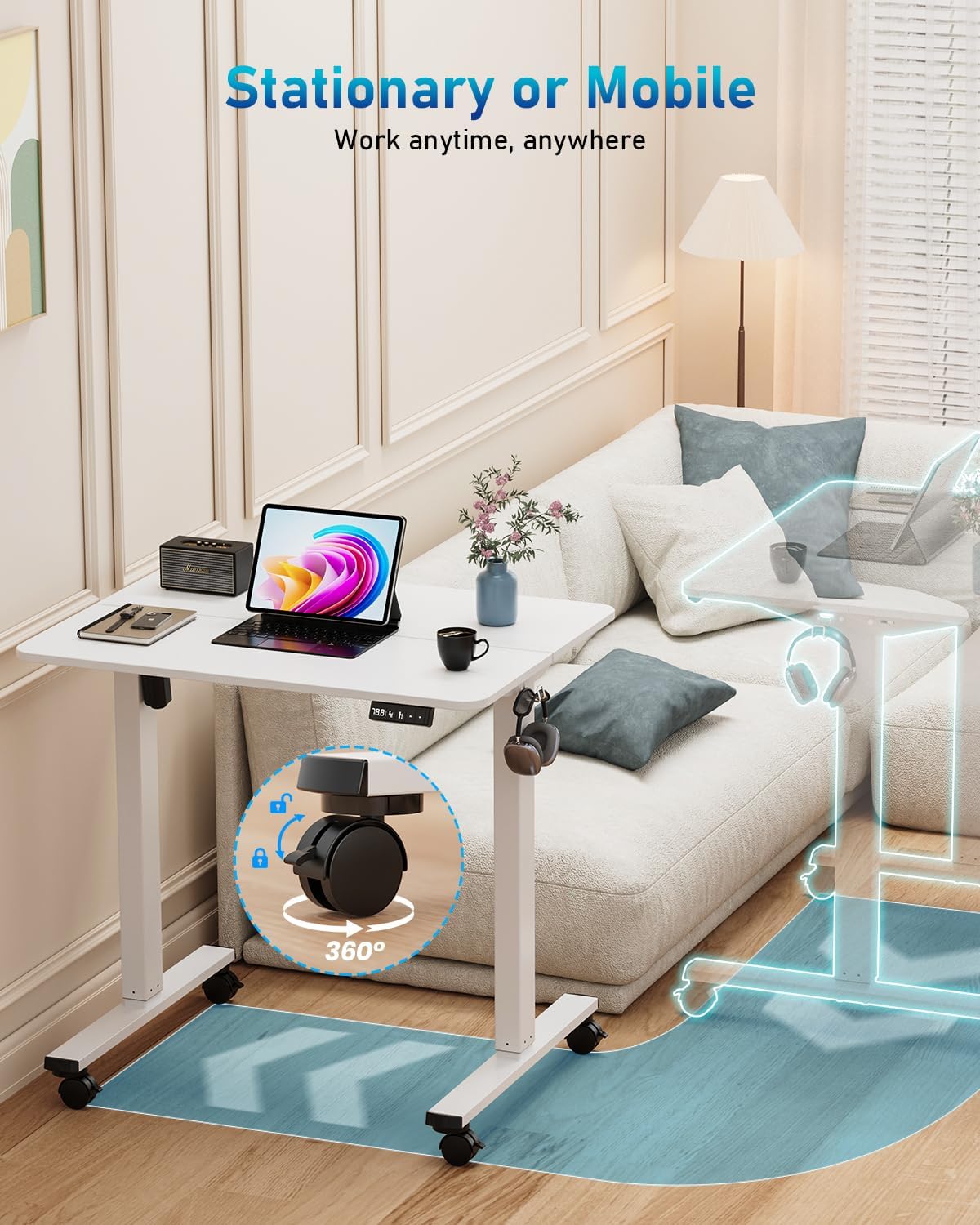 Small Height Adjustable Electric Standing Desk, 31.5" x 23.6" Sit Stand up Desk with Splice Board, Ergonomic Rising Computer Home Office Desk Table with Memory Preset, White Frame/White Top - Image 4