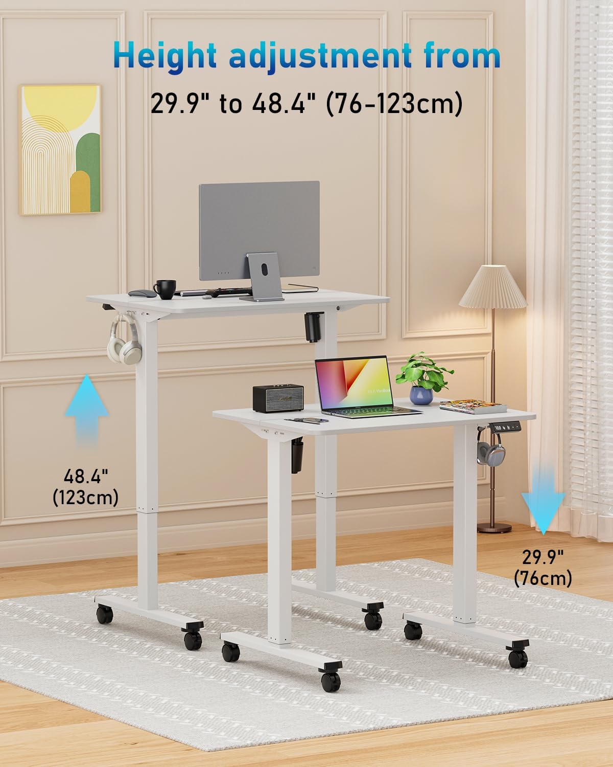 Small Height Adjustable Electric Standing Desk, 31.5" x 23.6" Sit Stand up Desk with Splice Board, Ergonomic Rising Computer Home Office Desk Table with Memory Preset, White Frame/White Top - Image 5