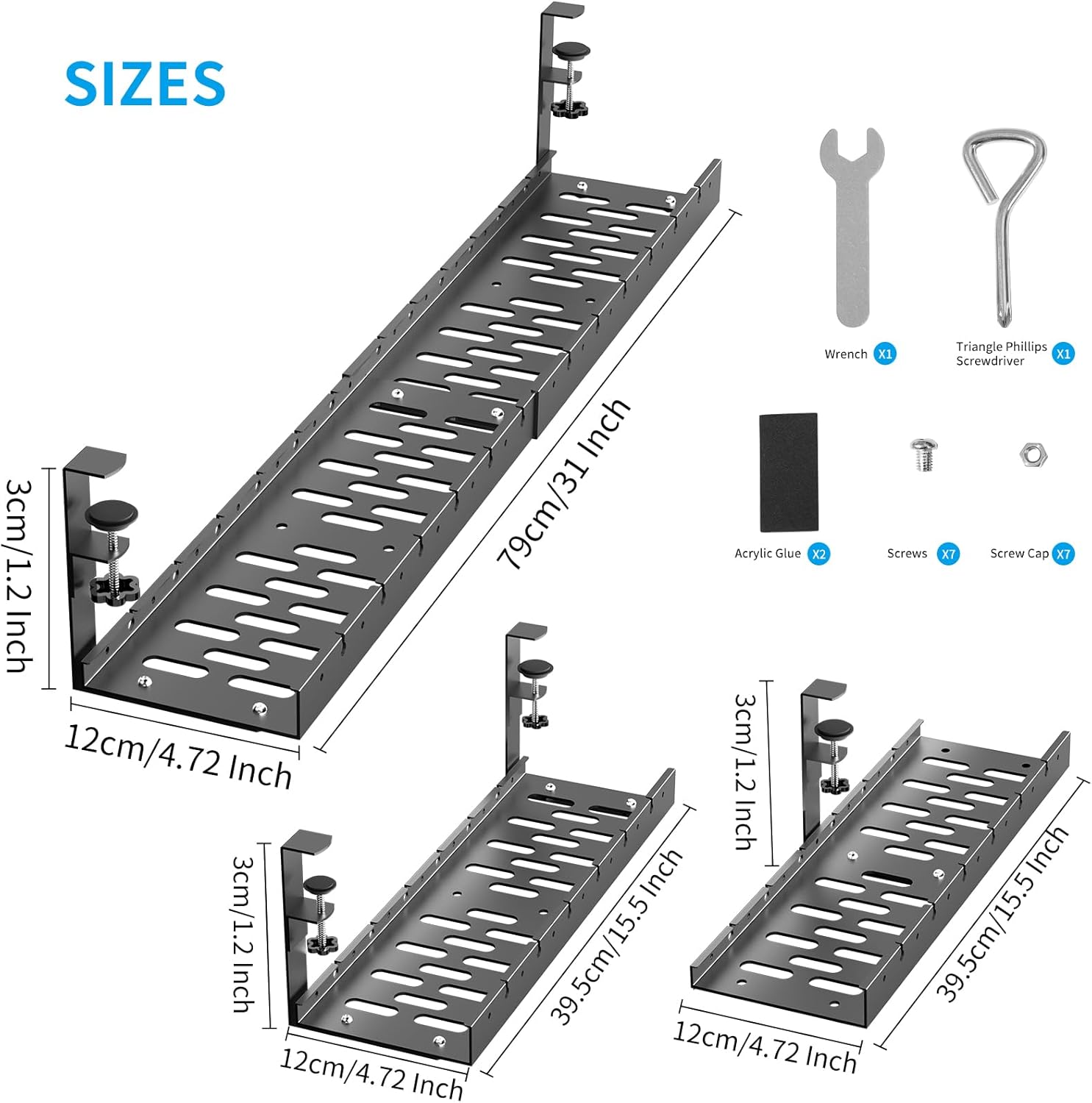 WIGAKDRU 31Inch Extendable Under Desk Cable Management Tray, Black Metal Cable Management Tray Under Desk Cord Management with Clamp, 31 Inch x 4.33 Inch - Image 4