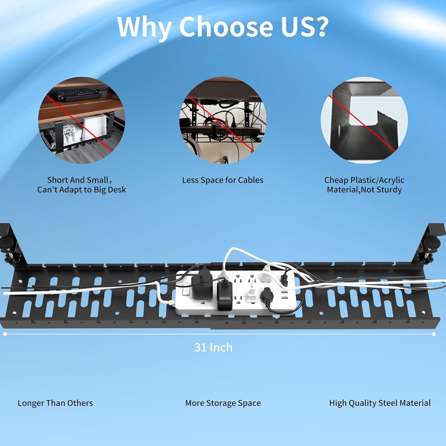 WIGAKDRU 31Inch Extendable Under Desk Cable Management Tray, Black Metal Cable Management Tray Under Desk Cord Management with Clamp, 31 Inch x 4.33 Inch - Image 5