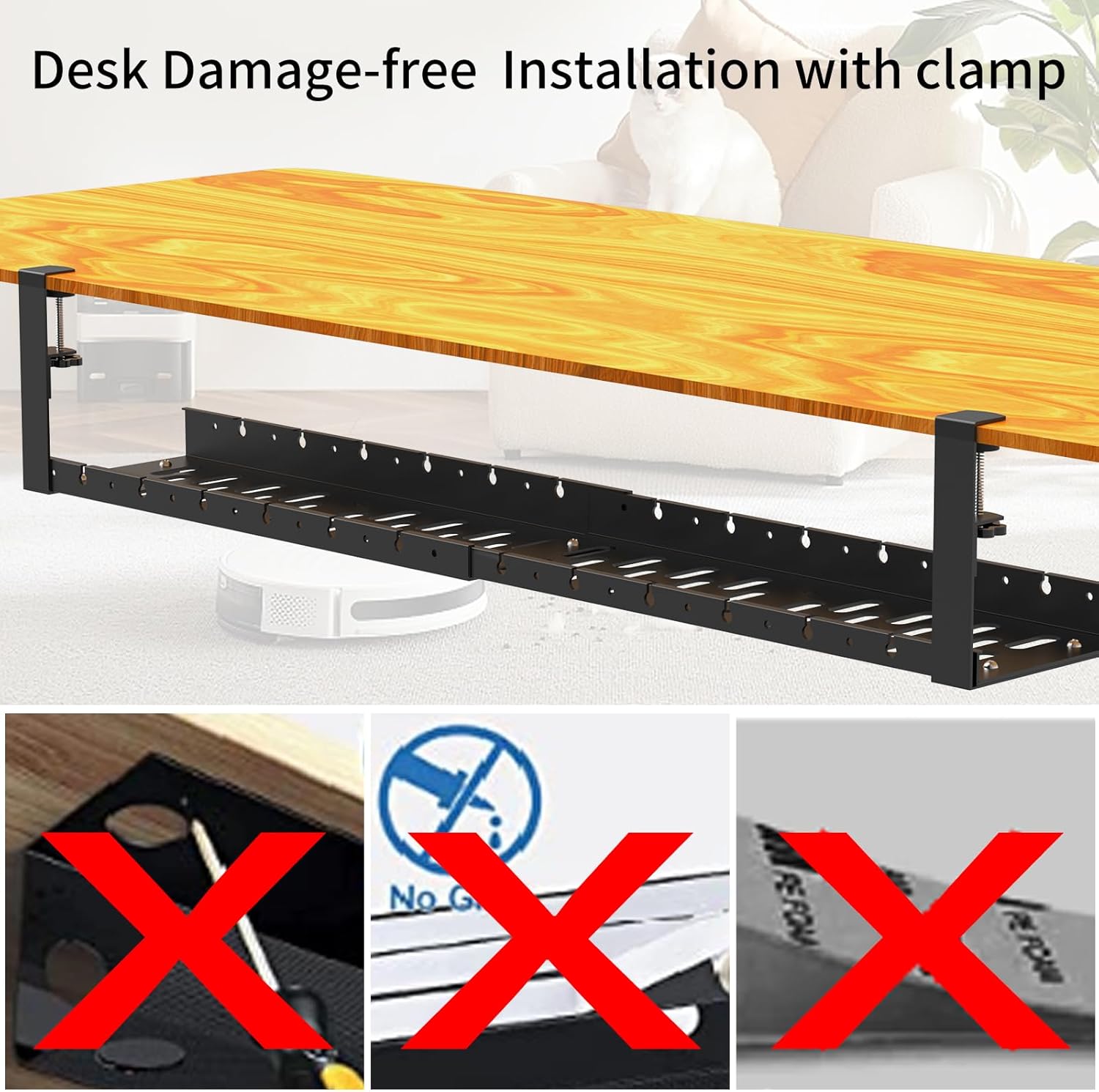 WIGAKDRU 31Inch Extendable Under Desk Cable Management Tray, Black Metal Cable Management Tray Under Desk Cord Management with Clamp, 31 Inch x 4.33 Inch - Image 6