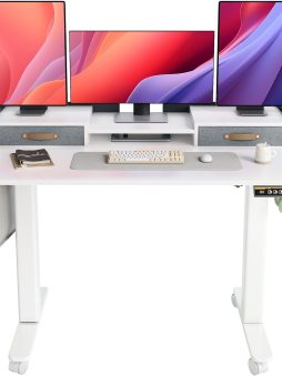 YDN Electric Standing Desk with Drawers, Adjustable Height Stand Up Desk, 48 inch Electric Sit Stand Computer Desk for Home Office, White
