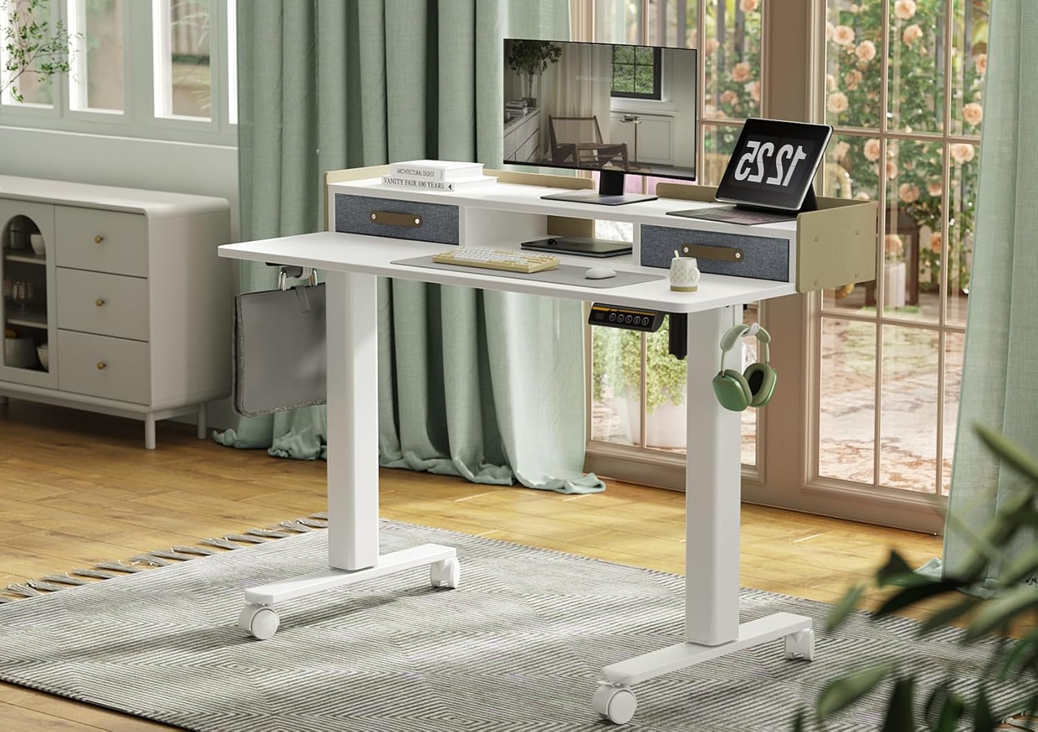 YDN Electric Standing Desk with Drawers, Adjustable Height Stand Up Desk, 48 inch Electric Sit Stand Computer Desk for Home Office, White - Image 2